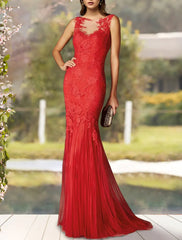 Mermaid / Trumpet Mother of the Bride Dress Luxurious Elegant Jewel Neck Sweep / Brush Train Lace Tulle Sleeveless with Pleats Appliques