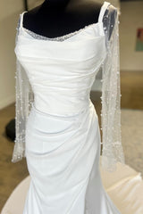 White Backless Ruched Wedding Dress with Detachable Sleeves Open Back