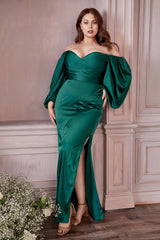 Cinderella Divine CD7482 Long Off Shoulder Satin Formal Gown