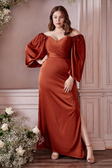 Cinderella Divine CD7482 Long Off Shoulder Satin Formal Gown