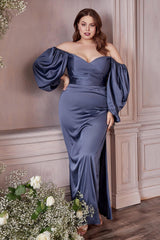 Cinderella Divine CD7482 Long Off Shoulder Satin Formal Gown