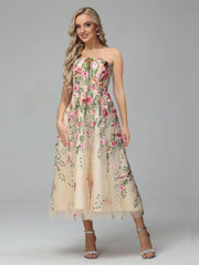 Cicinia Tea Length Strapless Zipper Long Sleeves Prom Dresses