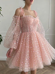 Pink tulle lace short prom dress, pink tulle short homecoming dress