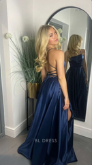 A Line Spaghetti Straps Navy Blue Satin Long formal dresses Bridesmaid Dresses evening gown Prom Dress