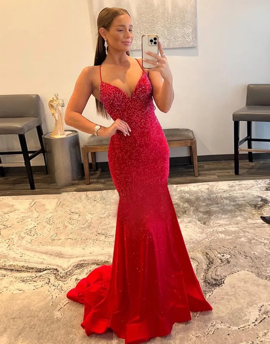 Wholesale Flared V-neck Spaghetti Straps Long Prom Dress prom dresses with long sleeves