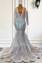 Mermaid prom-jurk met diepe V-neck lange mouwen Beadings