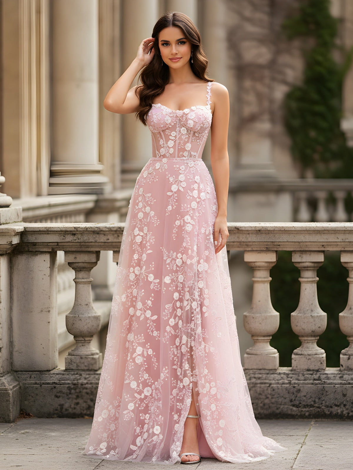 A-Line Tulle Gown with Delicate Floral Embroidery Blushing Pink