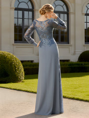 Sequin Embroidered Bodice Long Sleeve Formal Gown Dusty Blue