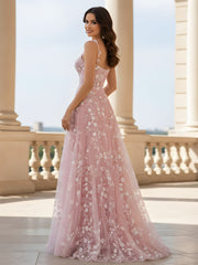 A-Line Tulle Gown with Delicate Floral Embroidery Blushing Pink