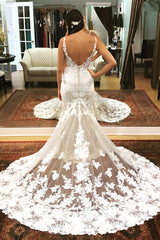 Long Mermaid Open Back Ivory Wedding Dress with White Lace