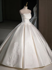 A-Line Satin Lace Ivory Long Wedding Dress