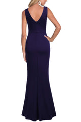Navy Blue Women Evening Cocktail Dress Sleeveless V Neck Split Long Formal Prom Dress