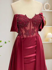 Burgundy A-Line Off Shoulder Satin Lace Long Prom Dress, Burgundy Long Formal Dress