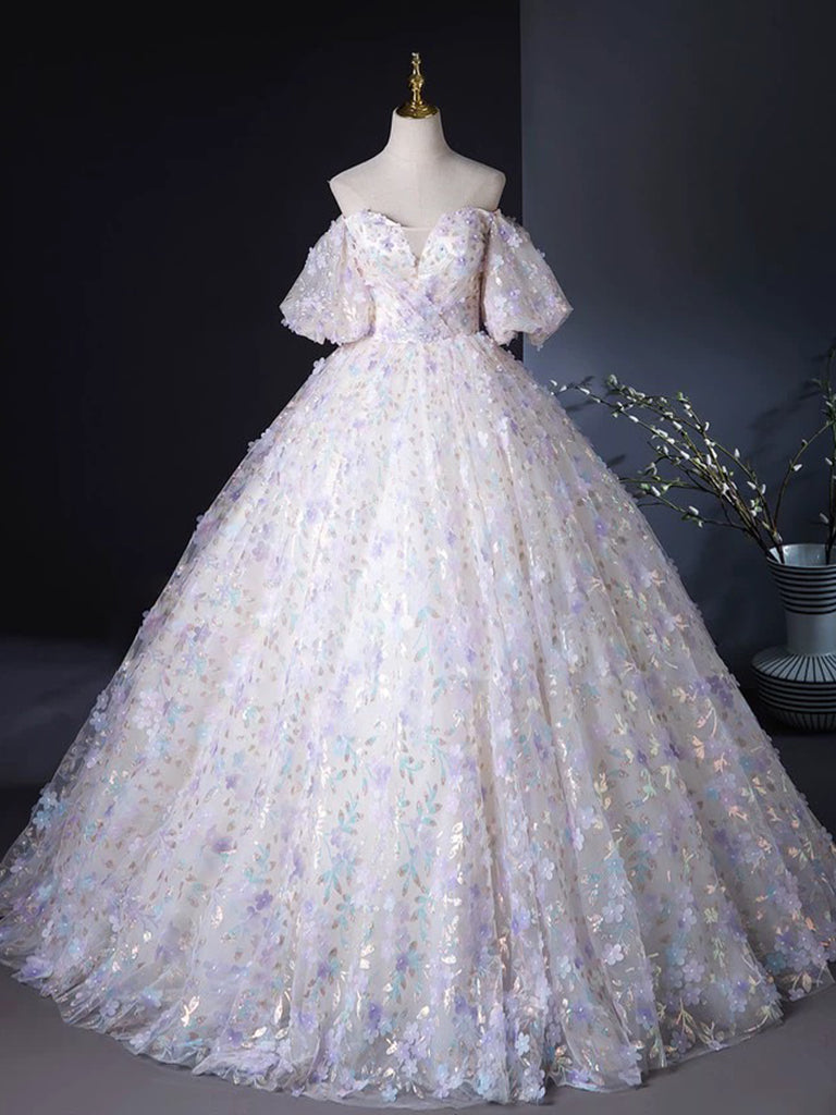 A-Line Sweetheart Neck Tulle Lace Light Purple Long Prom Dress