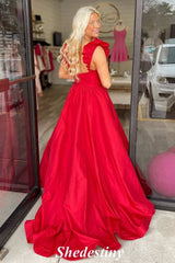 Ruffle Straps Red V-Neck A-Line Prom Dress with Slit