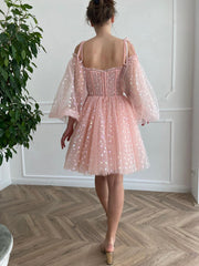 Pink tulle lace short prom dress, pink tulle short homecoming dress