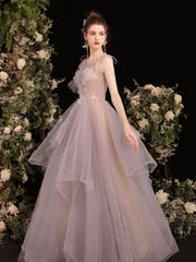 Pink tulle lace long prom dress, tulle formal dress