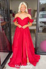 Ruffle Straps Red V-Neck A-Line Prom Dress with Slit