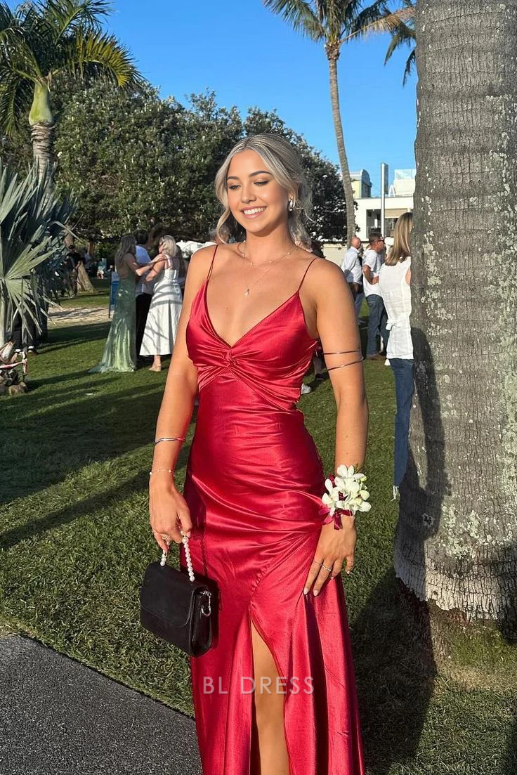 Sheath V-Neck Spaghetti Straps Satin Red Long Slit formal dresses Bridesmaid Dresses evening gown Prom Dress