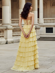 Voluminous Chiffon Dress with Exposed Lace-Up Back Lemon