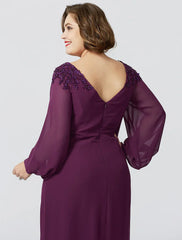 Sheath / Column Mother of the Bride Dress Formal Classic & Timeless Elegant & Luxurious Plus Size Bateau Neck Floor Length Chiffon Long Sleeve No with Beading Appliques