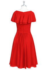 Red Chiffon V-hals gegoed a-lijn korte bruidsmeisje jurk