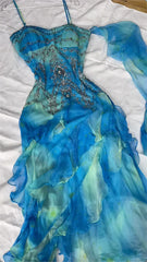 Vintage Blue Chiffon Prom Dress Sheath Ruffled Evening Dress Fairy Dress HZ1024
