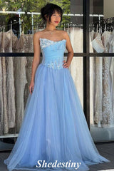 Illusion Corset Light Blue A-Line Tulle Prom Dress with Beaded Flower