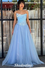 Illusion Corset Light Blue A-Line Tulle Prom Dress with Beaded Flower