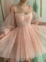 Pink Short Prom Dresses, Sweetheart Neck Puffy Pink Homecoming Dresses