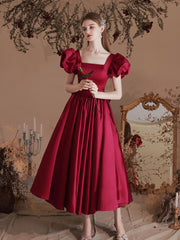 A-Line Square Neckline Puff Sleeves Satin Burgundy Prom Dress, Tea Length Bridesmaid Dress