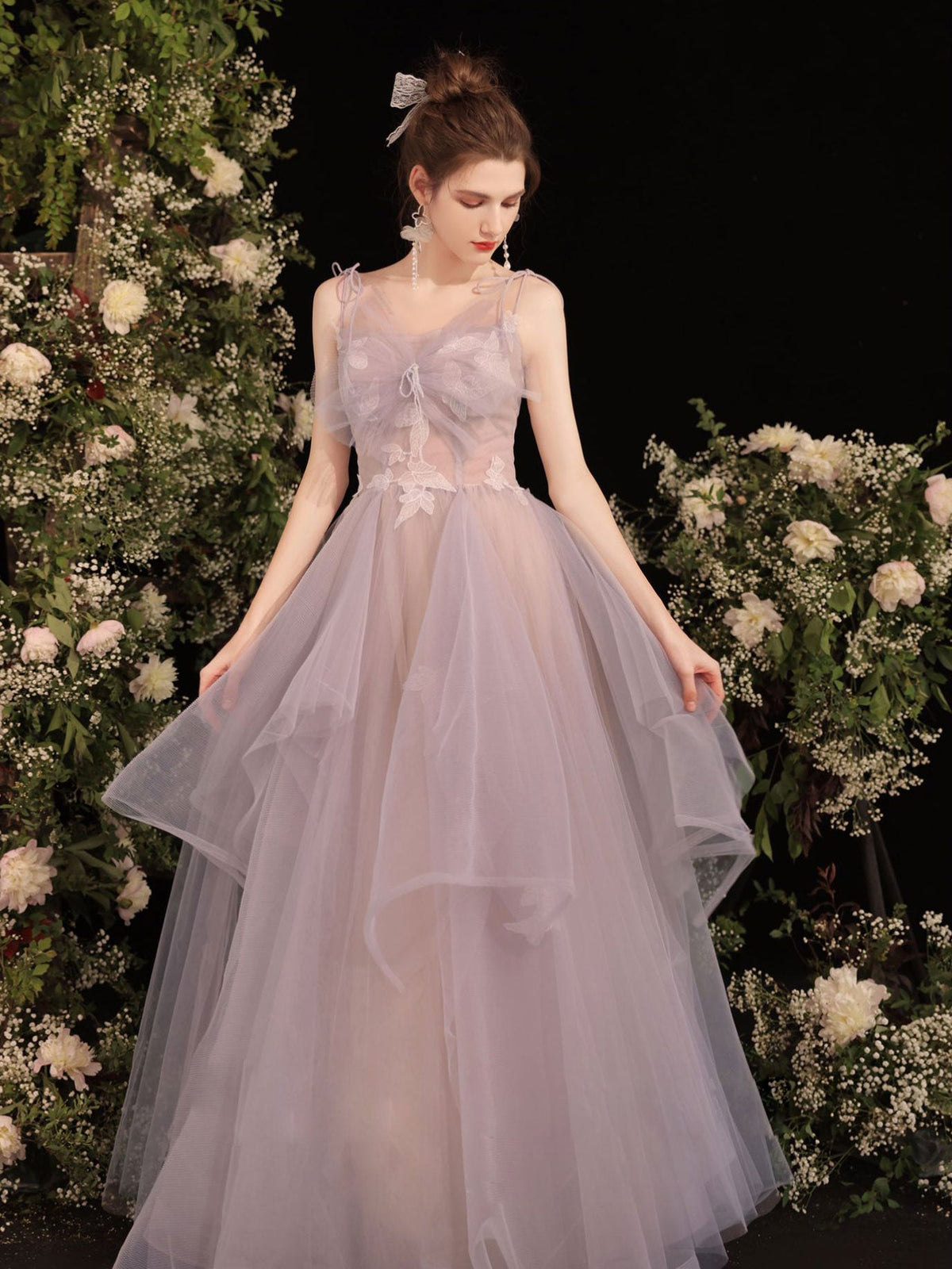 Pink tulle lace long prom dress, tulle formal dress