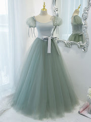 Green tulle off shoulder long prom dress, green tulle formal dress