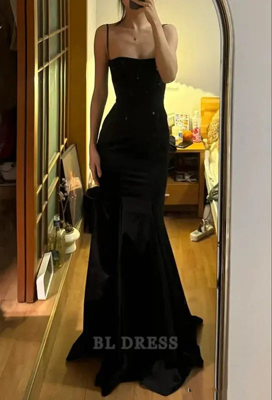 Mermaid Elegant Spaghetti Straps Black Satin Long formal dresses Bridesmaid Dresses evening gown Prom Dress