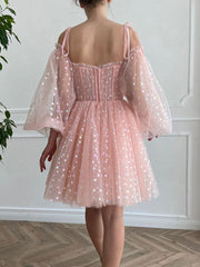 Pink Short Prom Dresses, Sweetheart Neck Puffy Pink Homecoming Dresses