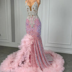 Roze halter zeemeermin prom -jurk met pailletten Beadings en tule ruches