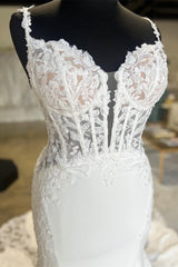 White Appliques Corset Backless Mermaid Long Wedding Dress Beautiful