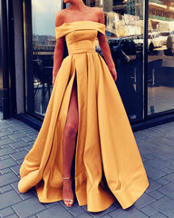 Off Shoulder Long Satin Prom Dresses Split Evening Gown