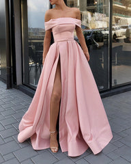 Off Shoulder Long Satin Prom Dresses Split Evening Gown
