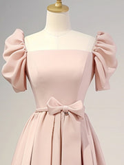 A-Line Puff Sleeves Satin Pink Long Prom Dress, Pink Long Bridesmaid Dress