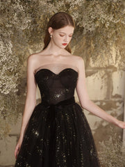 A-Line Tulle Sequin Black Long Prom Dress, Black Sequin Long Evening Dress