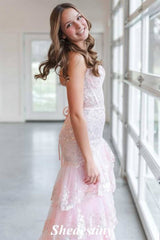 Sweetheart Pink Mermaid Sequin Tiered Ruffles Prom Dress