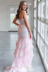 Sweetheart Pink Mermaid Sequin Tiered Ruffles Prom Dress