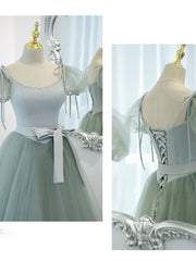 Green tulle off shoulder long prom dress, green tulle formal dress