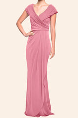 Sheath Cap Sleeves V neck Long Mother of the Brides Dress