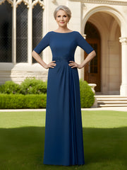 Elbow Sleeve Maxi Dress with Front Draped Skirt Detail Navy Blue