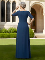 Elbow Sleeve Maxi Dress with Front Draped Skirt Detail Navy Blue