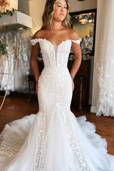 White Lace Off-the-Shoulder Trumpet Wedding Dress Sexy