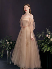 A-Line Champagne Long Prom Dress, Champagne Tulle Formal Evening Dress