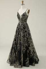 Black Golden A Line Spaghetti Straps Long Prom Dress V-neck Floor Length
